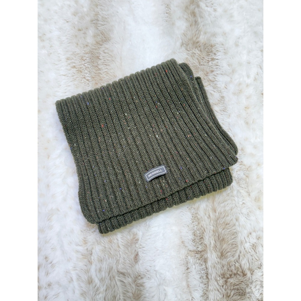 Merrell Knit Scarf Mens OS Olive Green Ribbed Wool Blend Speckled Academia